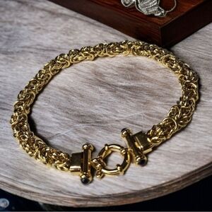 Luxury 18k Gold Plated Byzantine Chain Onyx Cabochon Bar Link Bracelet